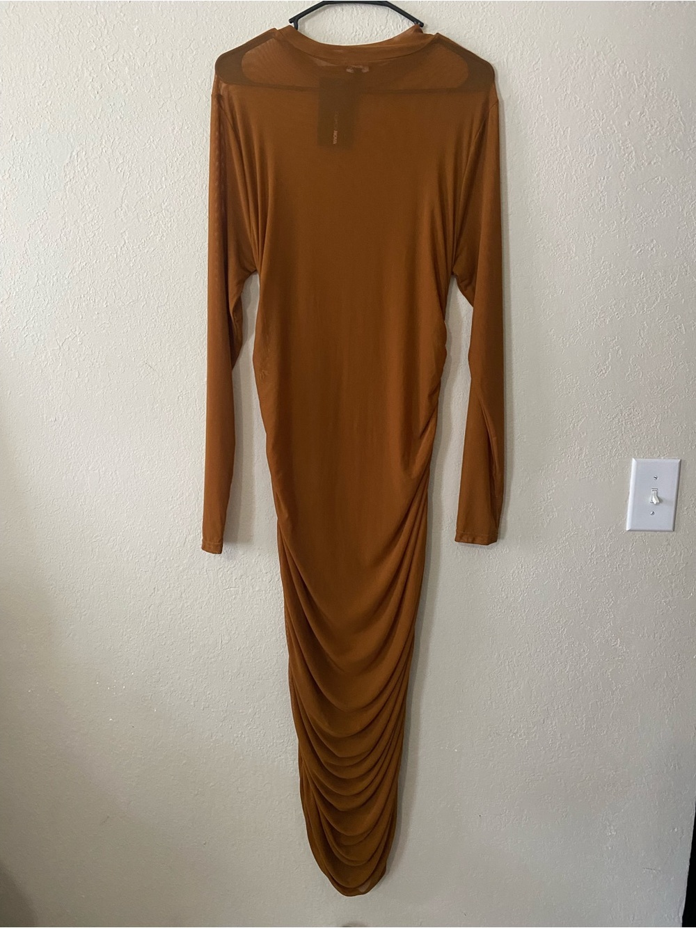 Fashion Nova Free Bird Tan Brown Sheer Long Sleeve Ruched Midi Dress NWTs - Picture 9 of 14